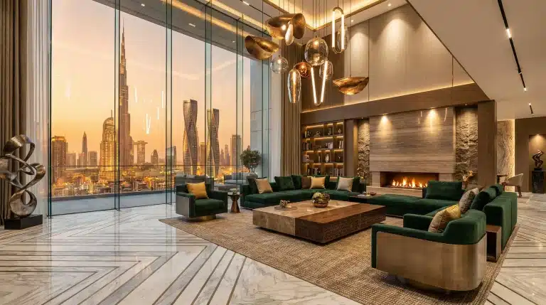 Luxurious living room with green velvet sofas, fireplace, and city skyline view at sunset