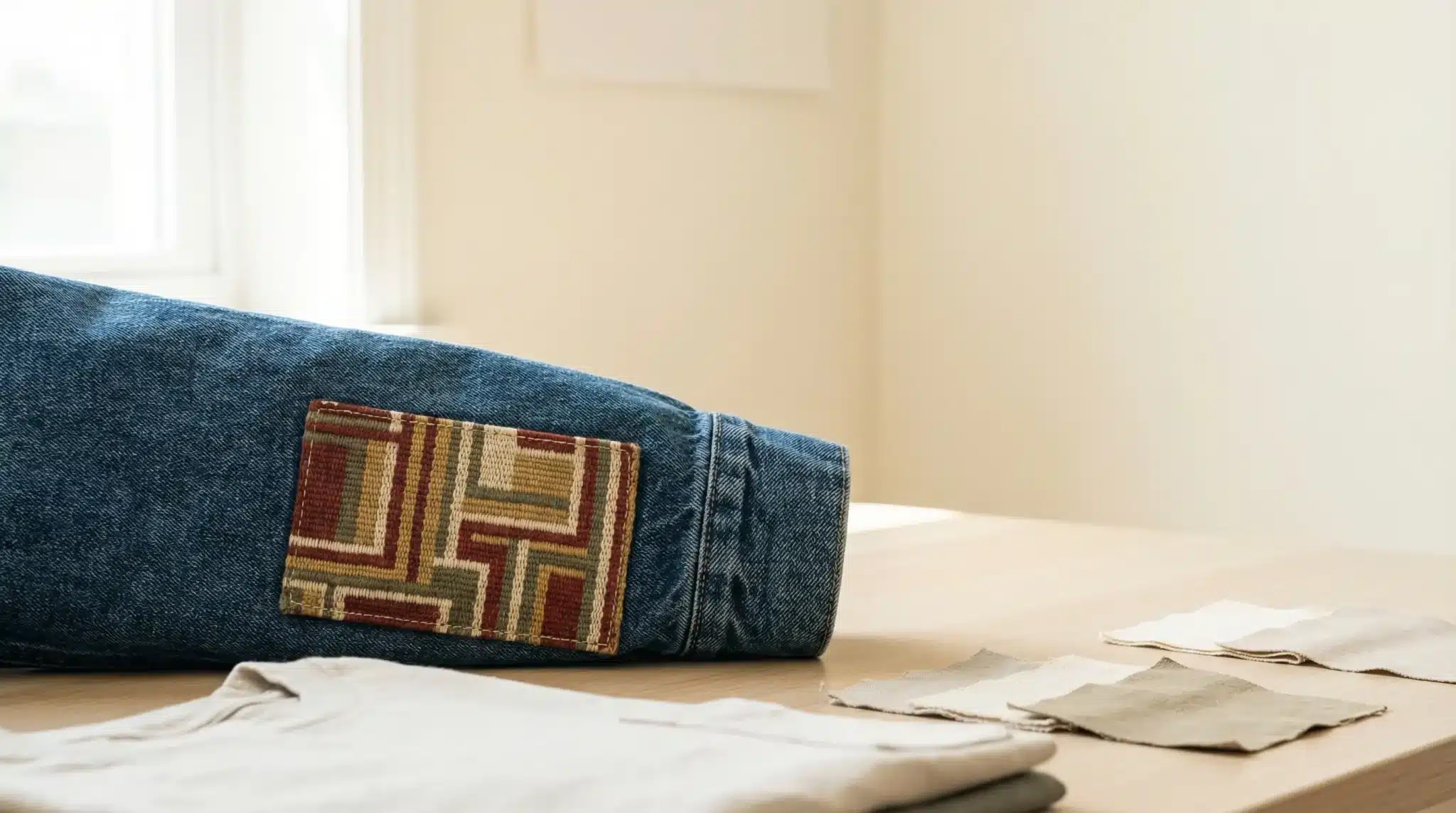 Denim jacket with patterned patch on table beside fabric swatches in sunlit room