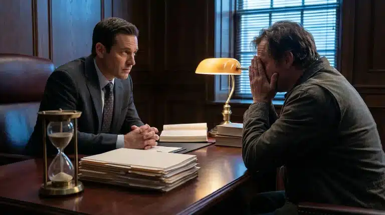 Two men in a serious discussion at a desk with documents and hourglass in office setting