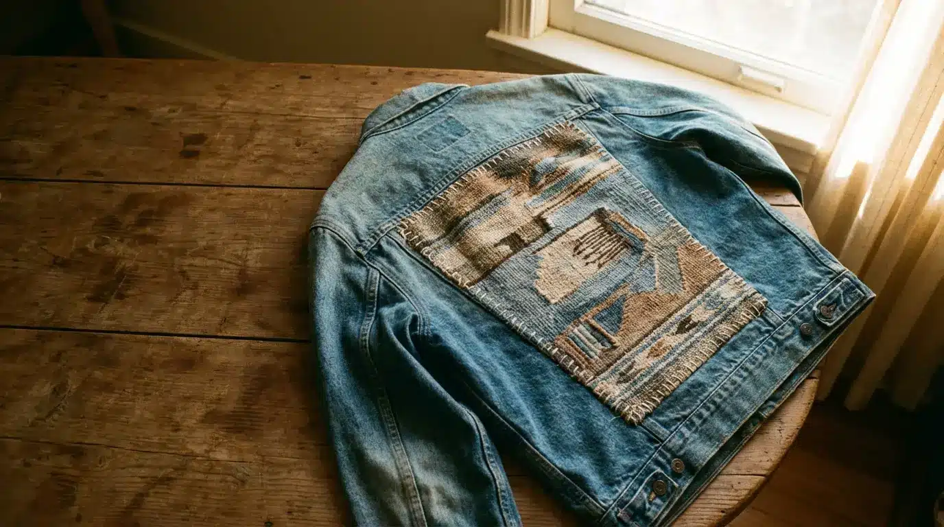 Denim jacket with patchwork design on wooden table in natural light