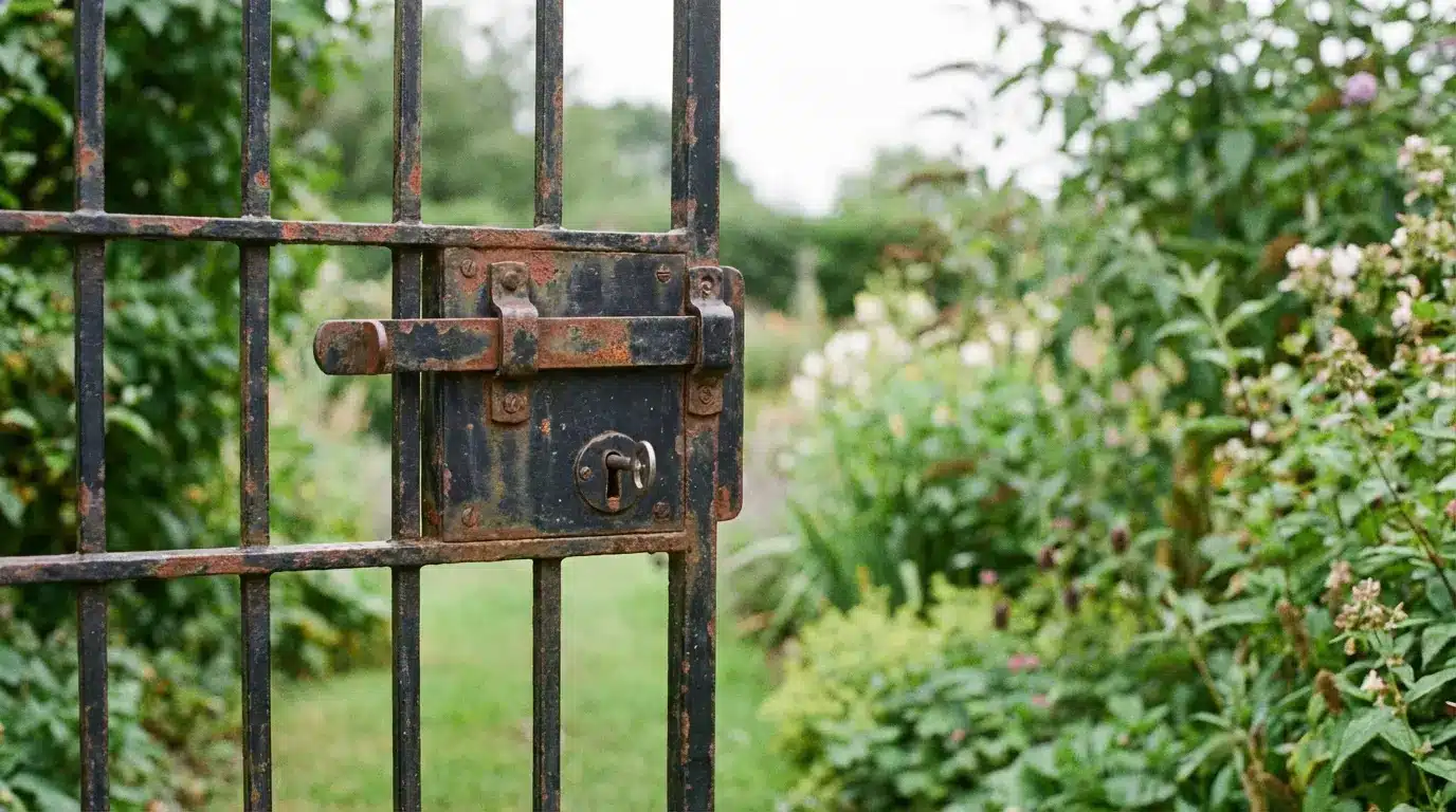 Rusty wrought iron gate with lock in lush garden setting