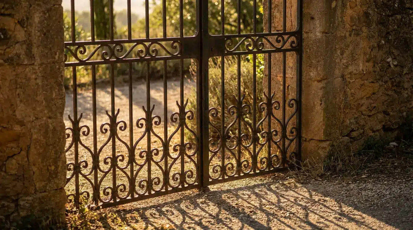 Wrought iron gate casting shadows on gravel path in sunlight