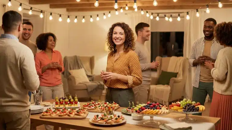 Group of people socializing at a party with appetizers and fruit platters indoors