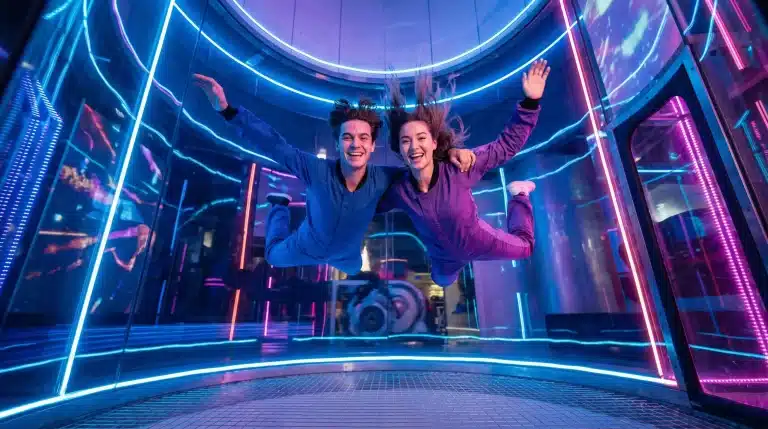 Two people indoor skydiving in a wind tunnel with neon lights