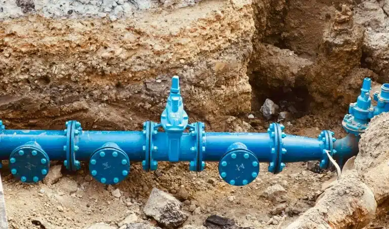 Blue water pipeline with valves installed in a trench surrounded by dirt and rocks