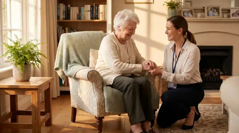 Elderly woman sitting in armchair holding hands with caregiver in cozy living room