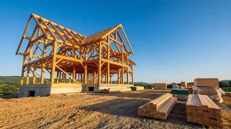 Wooden house frame under construction on dirt lot in rural landscape with blue sky