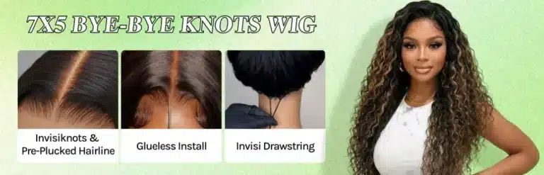 Wig with detailed hairline, glueless install, and drawstring example against green gradient background