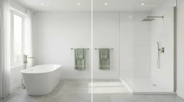Minimalist white bathroom with freestanding tub, glass shower, and green towels on wall hooks