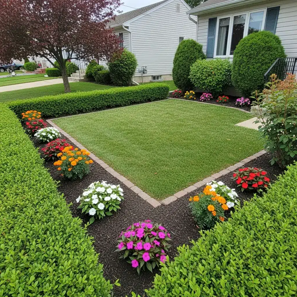 Well-manicured front yard with green grass, colorful flowers, and neatly trimmed bushes