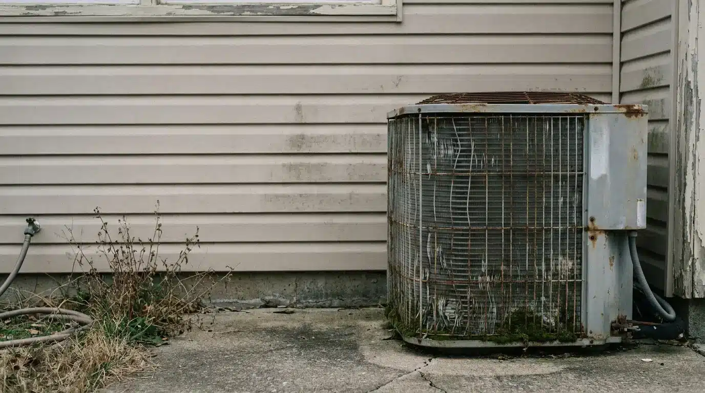Aging outdoor air conditioning unit with rust and moss against house siding