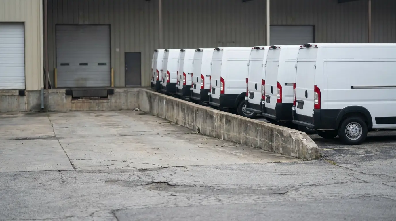 Row of white delivery vans parked in industrial loading dock area