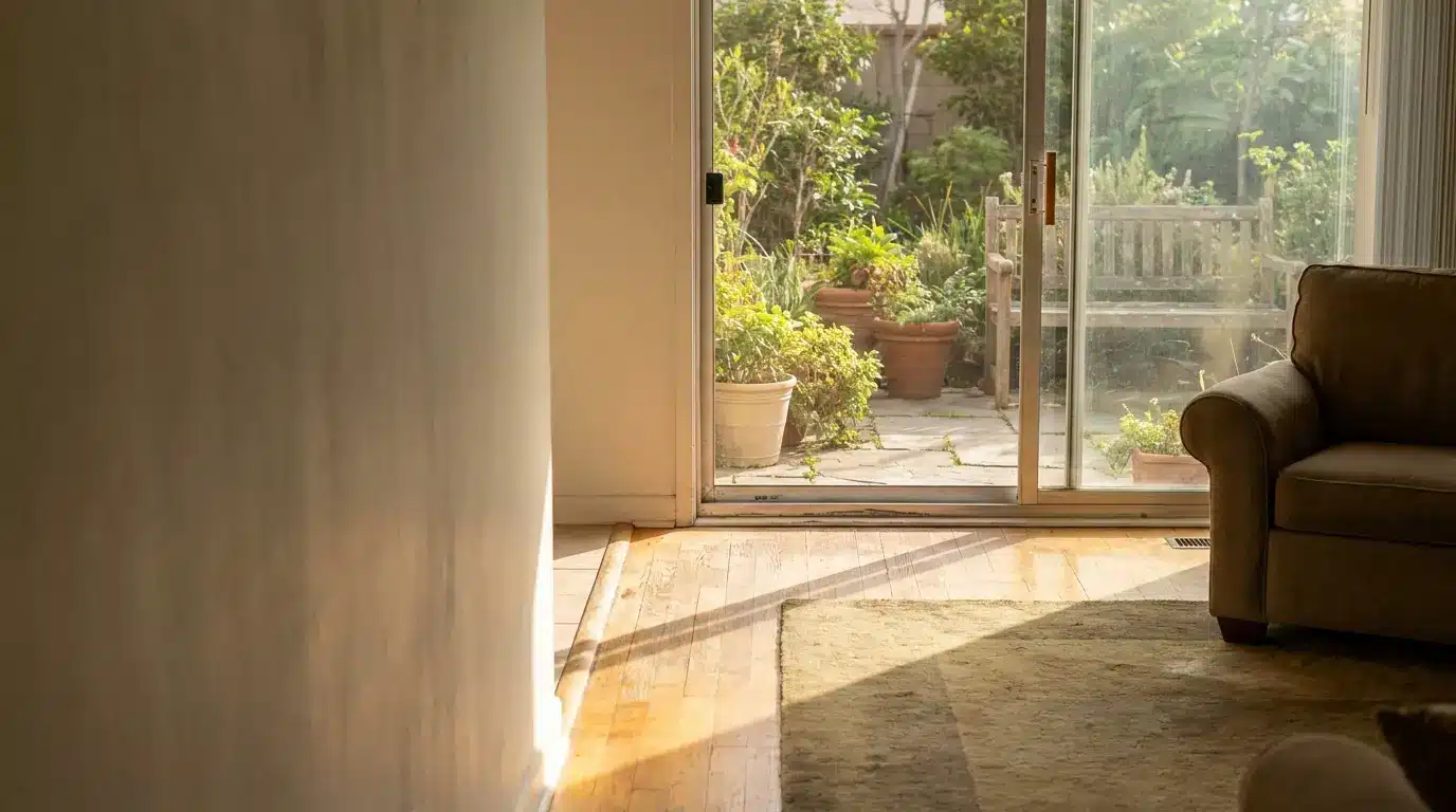 Sunlit living room with a brown sofa, sliding doors open to garden patio with plants