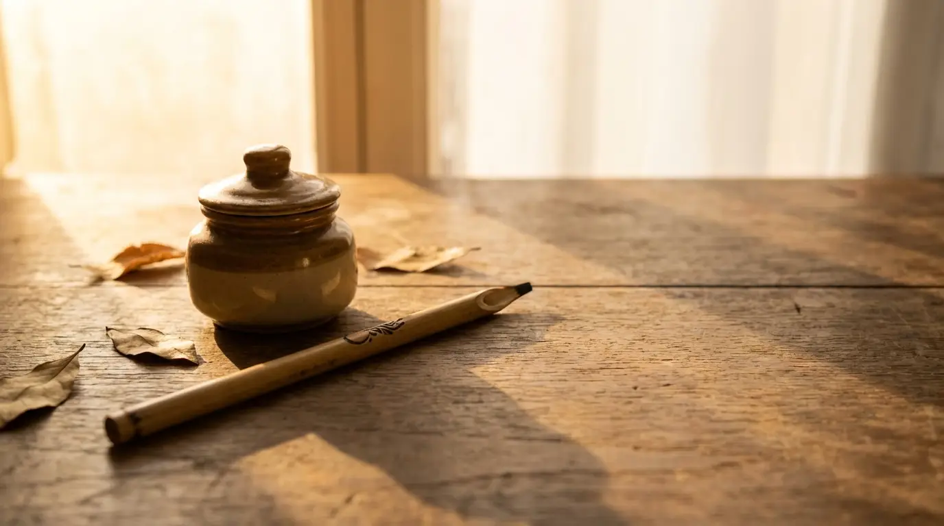 Ceramic ink pot and bamboo brush on wooden table in warm sunlight