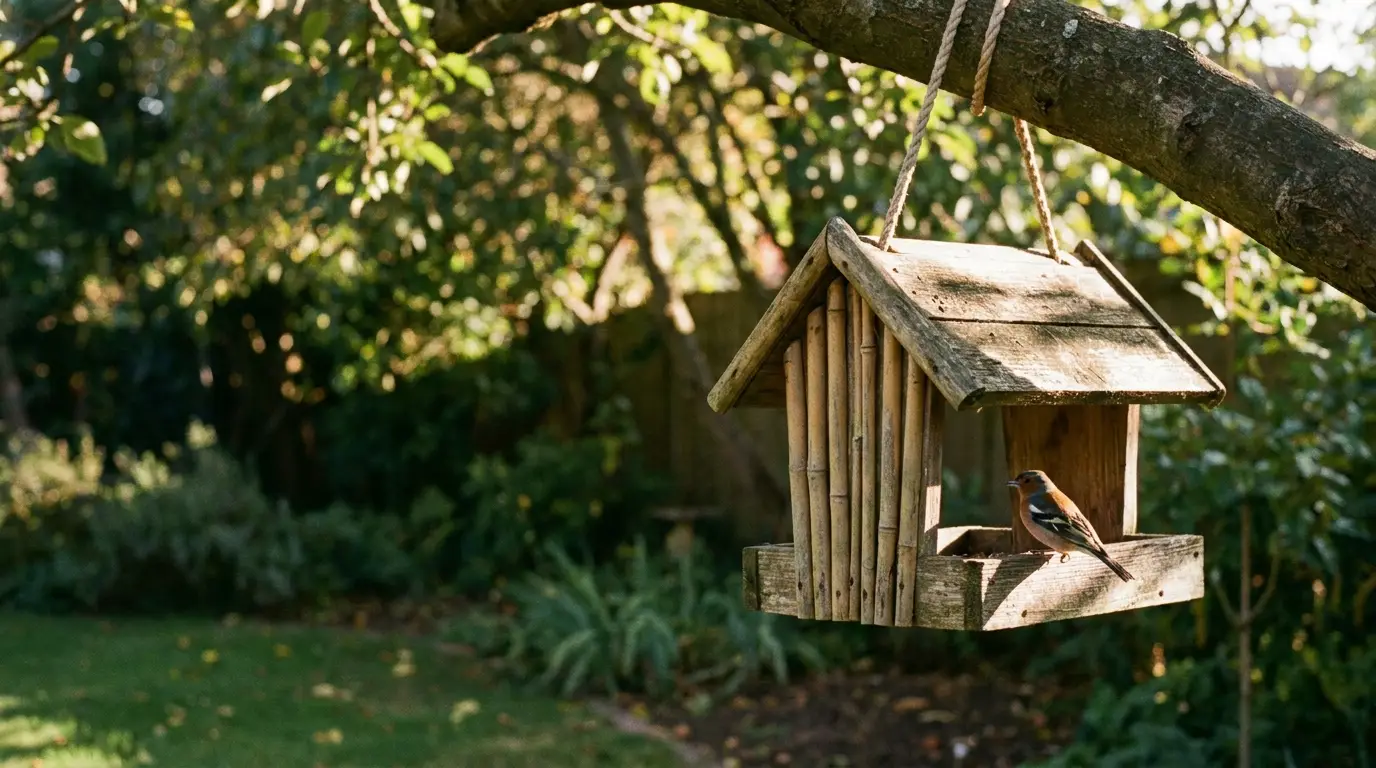 Rustic wooden birdhouse hanging from tree branch with small bird in sunny garden setting