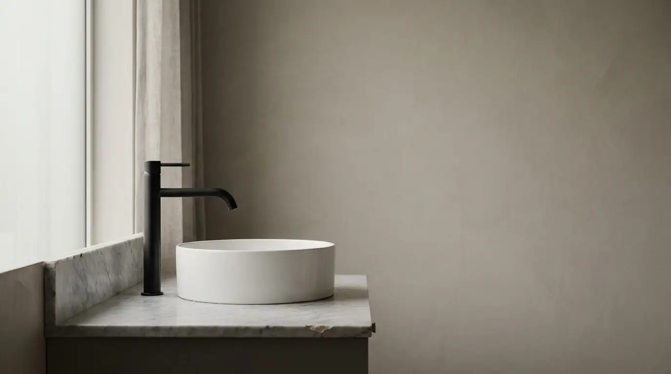 Black faucet and white ceramic sink on marble countertop in minimalistic bathroom