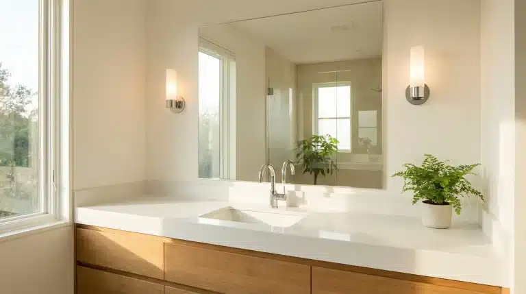Modern bathroom vanity with white countertop, large mirror, wood cabinets, and potted fern in natural light