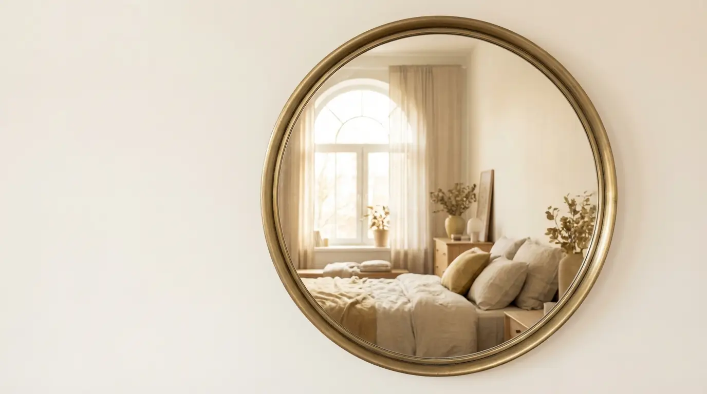 Round mirror reflecting cozy bedroom with neutral bedding and large window curtains