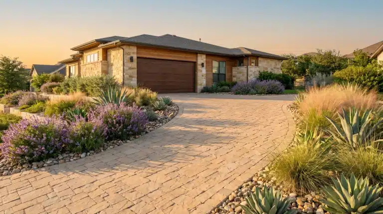 Modern house with stone facade and landscaped garden with purple flowers at sunset
