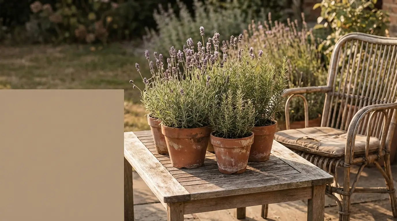 Potted lavender plants on rustic wooden table in sunny garden setting
