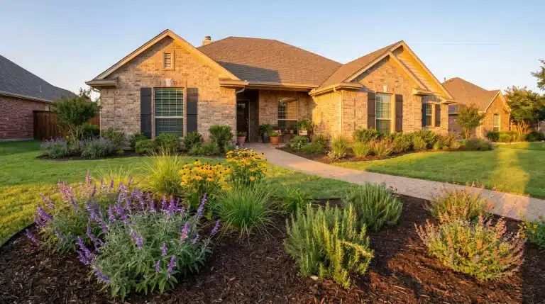 Brick house with landscaped front yard featuring colorful flowers and green shrubs in warm evening light