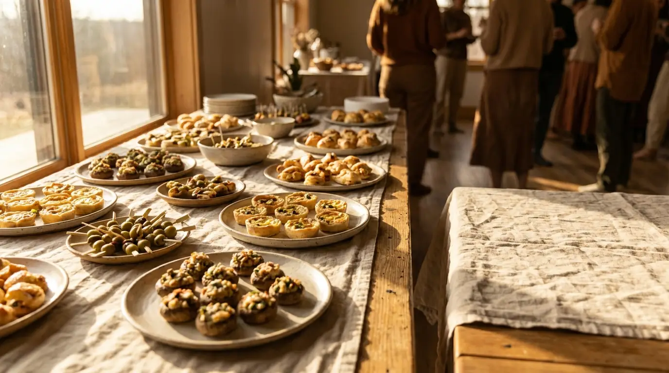 Pastries and appetizers on a wooden table in a warm-lit room with people in background