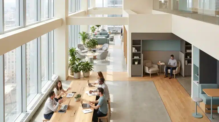 Modern office with people working at long wooden table near large windows, plants throughout