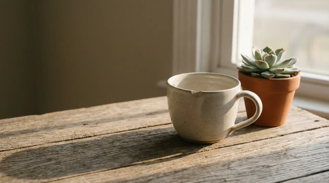 Ceramic cup and potted succulent on rustic wooden table in natural daylight