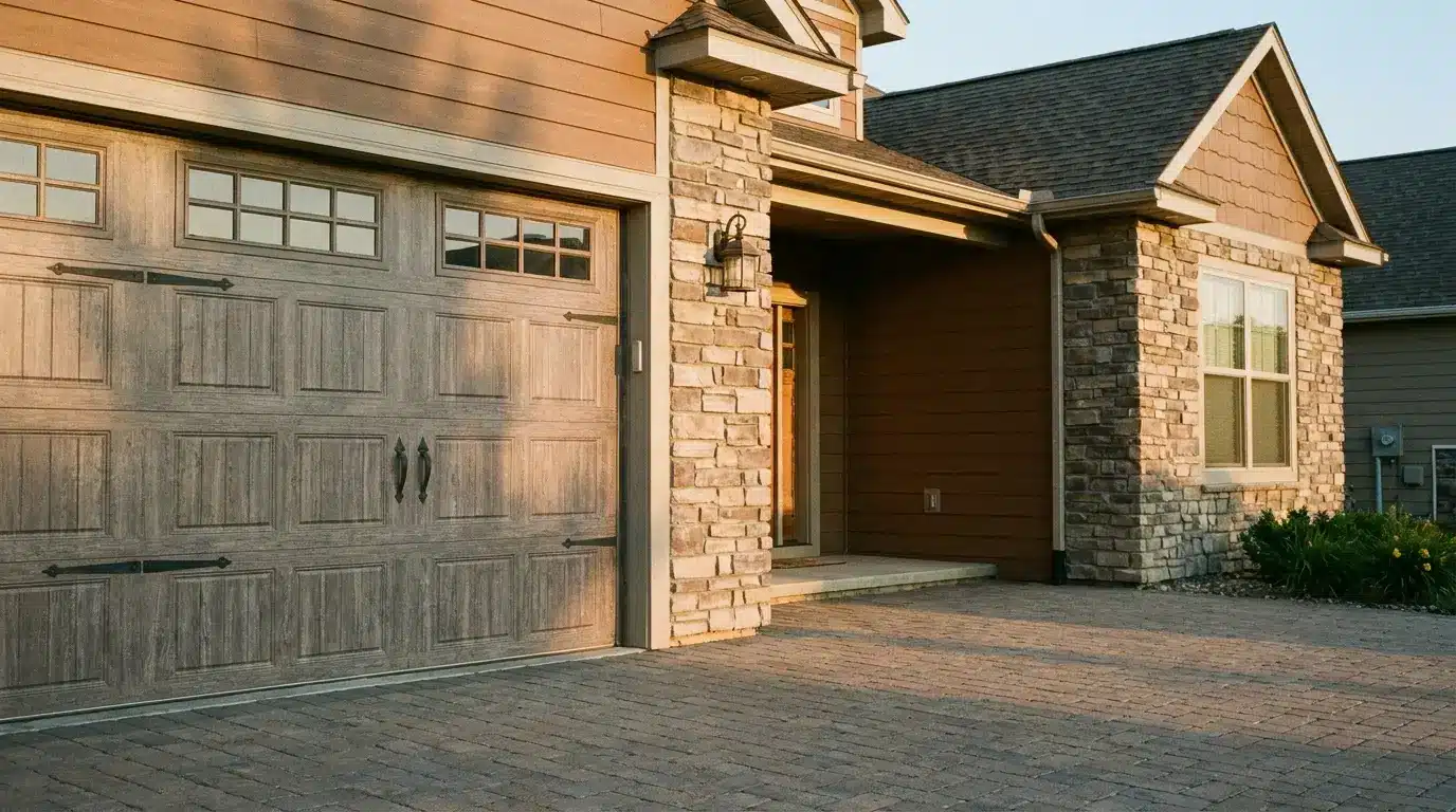 Brick house exterior with stone accents and wooden garage door in soft evening light