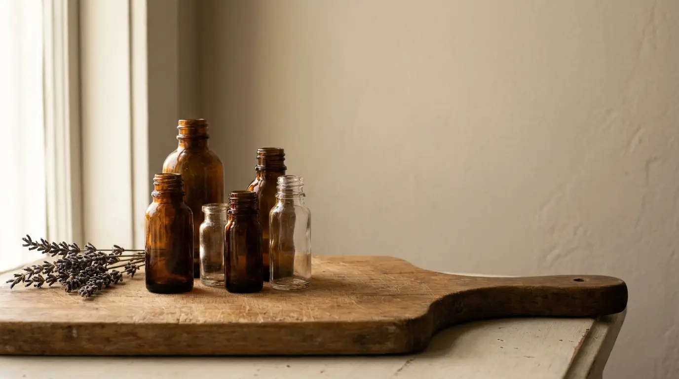Amber glass bottles and dried lavender on wooden cutting board in soft natural light