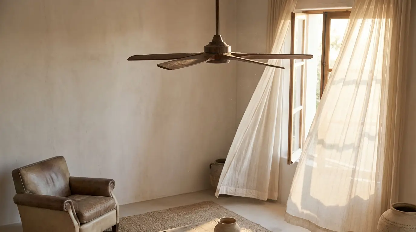 Wooden ceiling fan in sunlit room with leather armchair and airy curtains