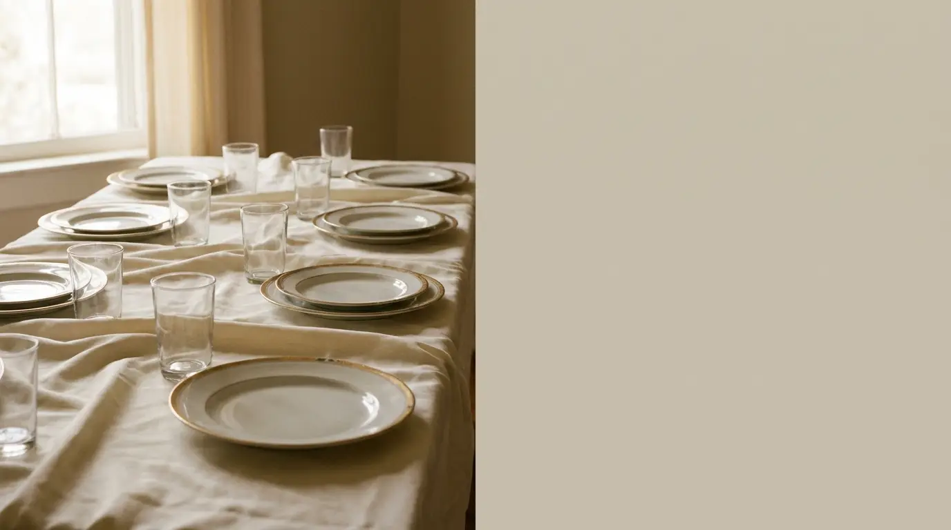 Dining table set with white plates and glasses on a draped tablecloth