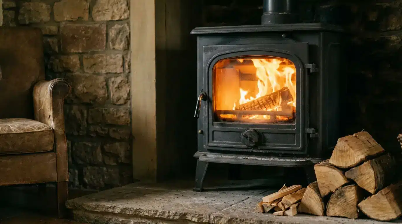 Wood-burning stove with roaring fire next to leather armchair and stacked firewood indoors