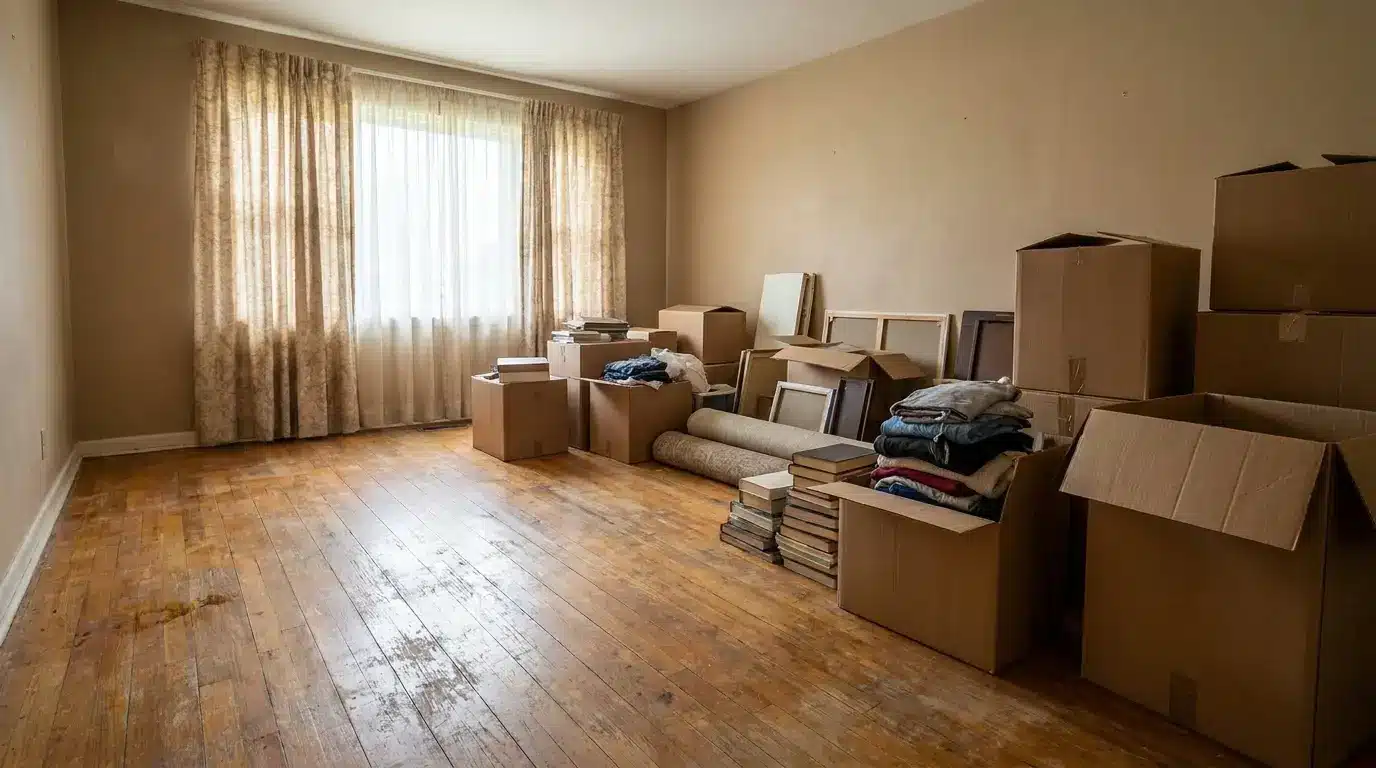 Cardboard boxes and folded clothes in an empty room with wooden floor and curtained window