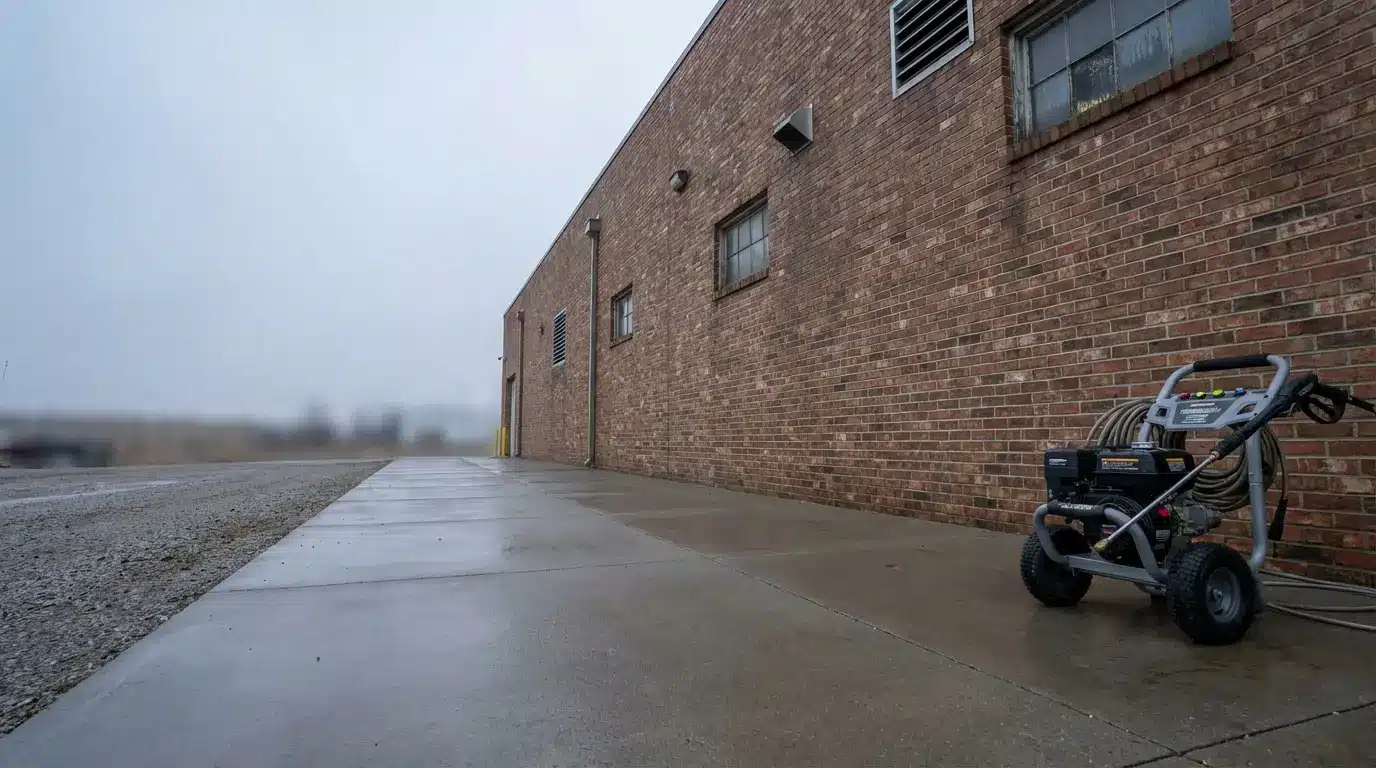 Pressure washer on wet pavement beside brick industrial building in overcast weather