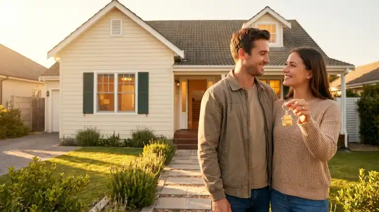 Couple smiling and holding house key in front of suburban home with manicured lawn