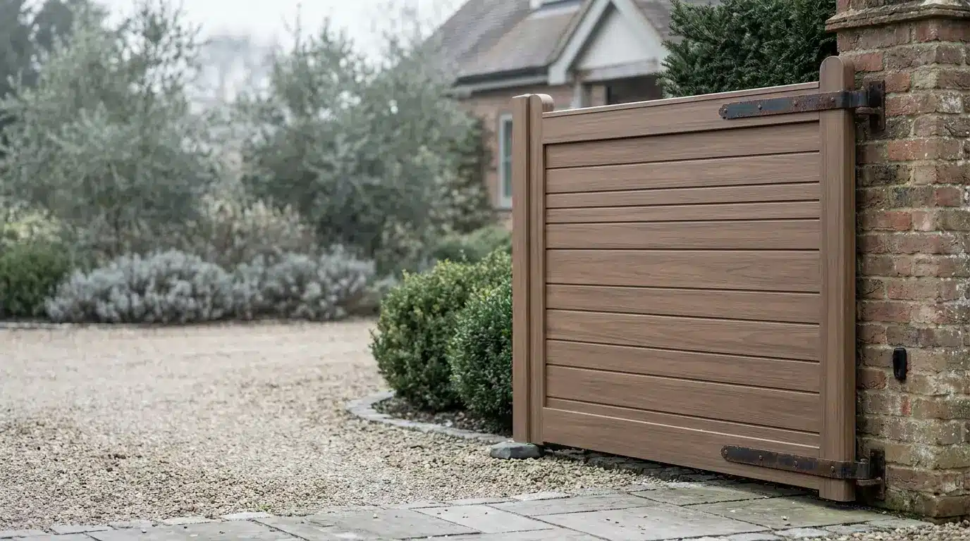 Wooden driveway gate with metal hinges next to brick pillar in landscaped garden