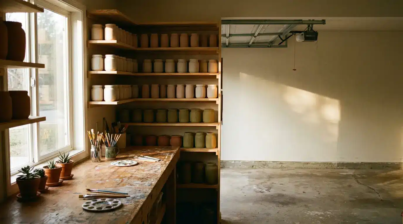 Pottery studio with wooden shelves filled with jars and brushes on workbench