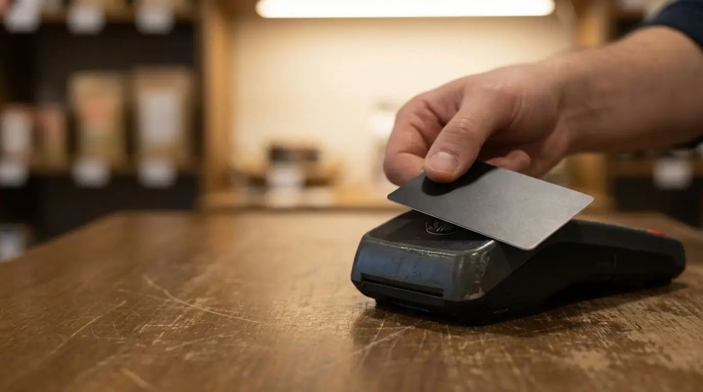 Hand holding card over card reader on wooden counter in rustic shop setting