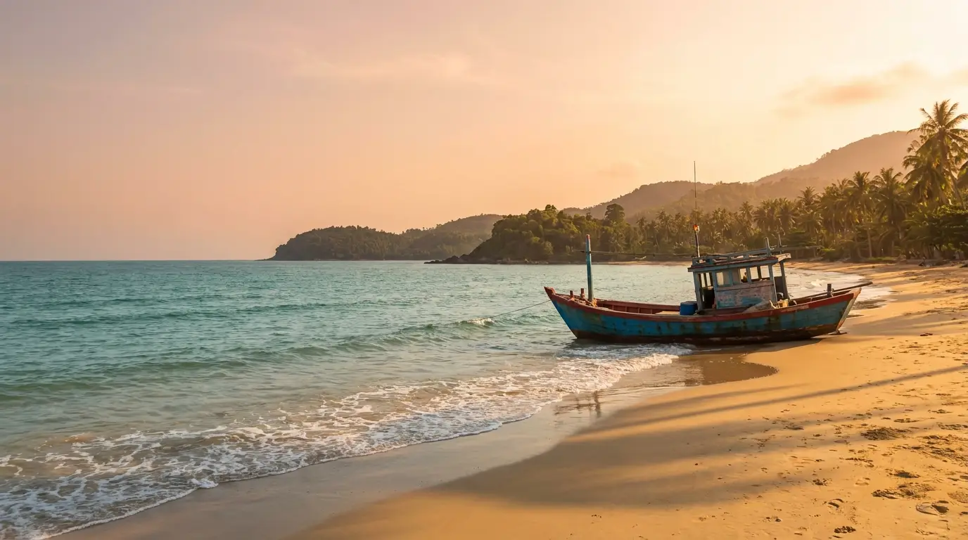 Wooden fishing boat on sandy tropical beach at sunset with palm trees and hills in background