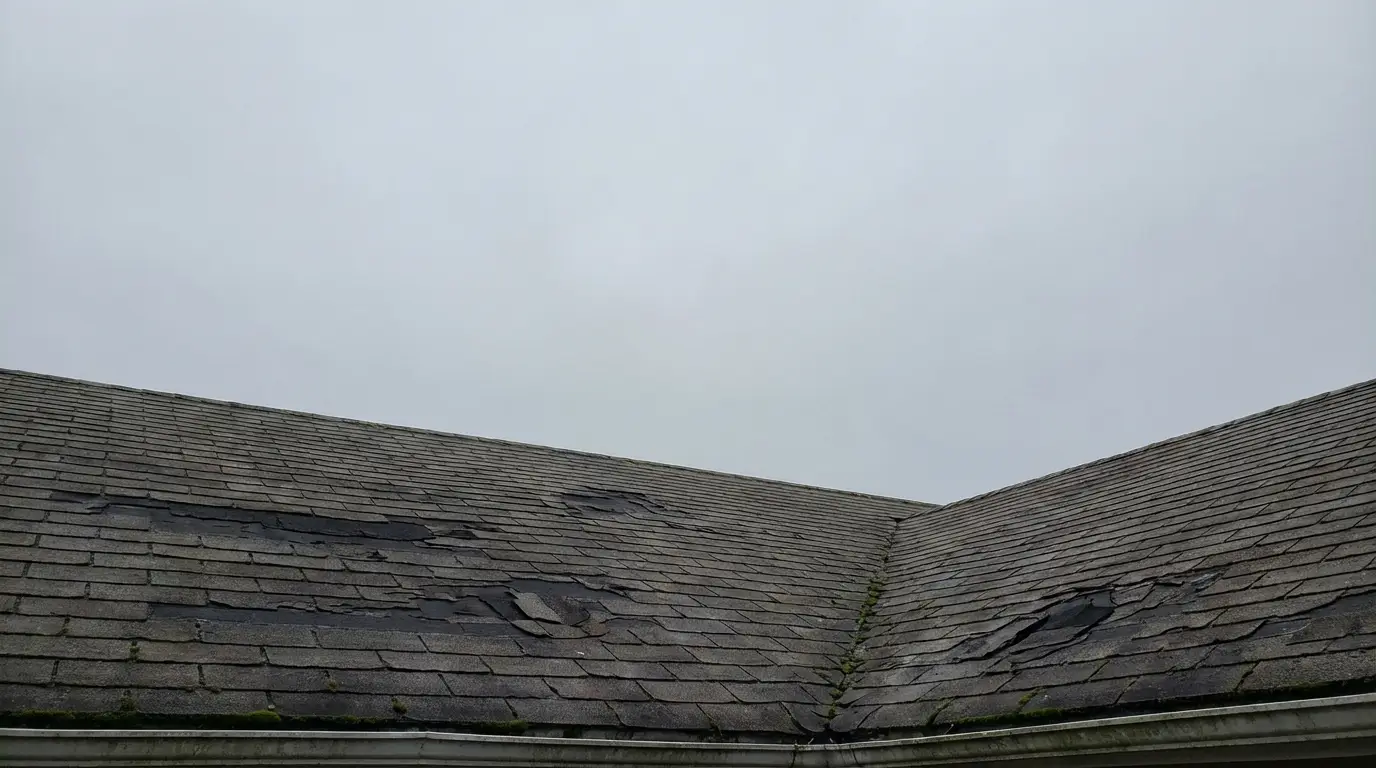 Damaged roof shingles on overcast day with visible wear and moss patches