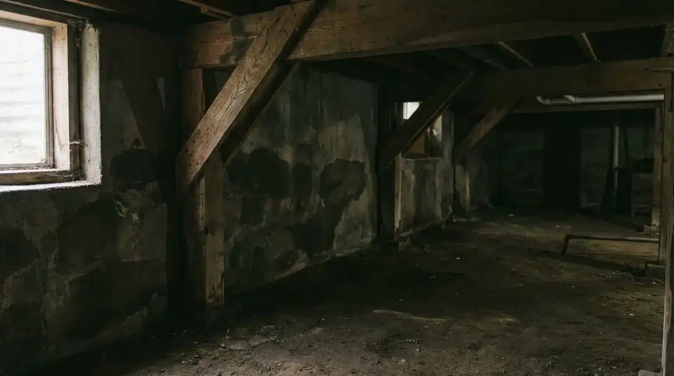 Dimly lit, empty basement with exposed wooden beams and concrete walls