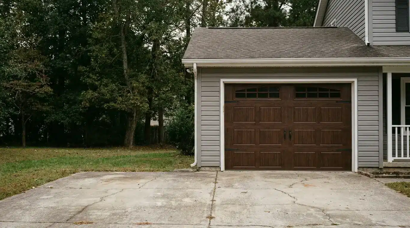 Brown wooden garage door on gray house with concrete driveway and trees in the background
