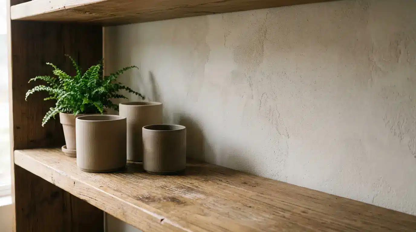 Potted fern and empty clay pots on rustic wooden shelf in natural light