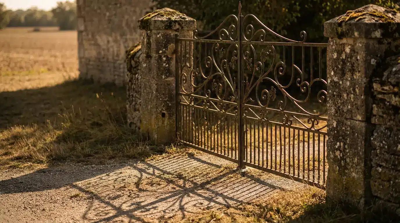 Ornate iron gate casting shadows on gravel path in rustic outdoor landscape