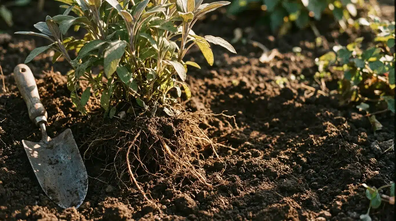Sage plant with exposed roots next to a trowel in a garden bed