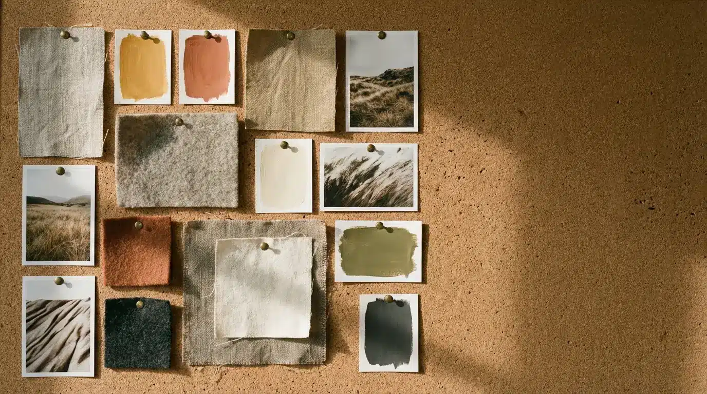 Fabric swatches and nature photos pinned on corkboard with warm lighting and shadow patterns