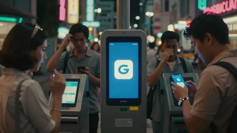 Digital payment kiosks on city street with people using smartphones at night
