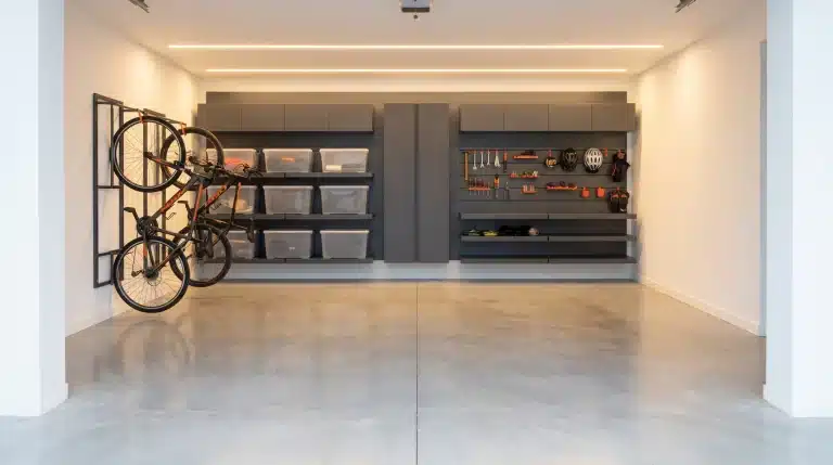 Organized garage with bicycles on wall rack, shelves with storage bins, and tools neatly displayed