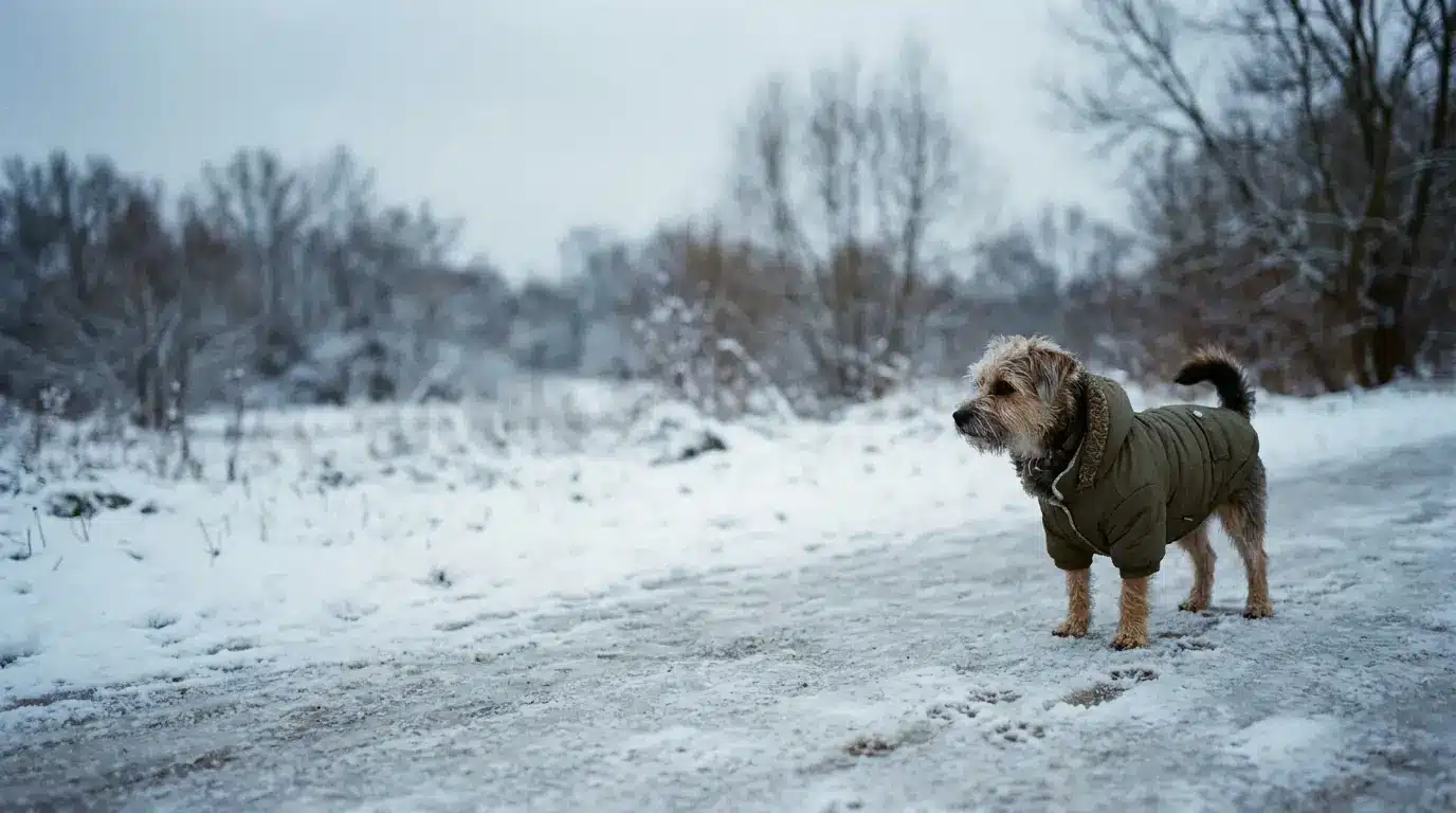 Dog in green coat standing on snowy path in a winter landscape